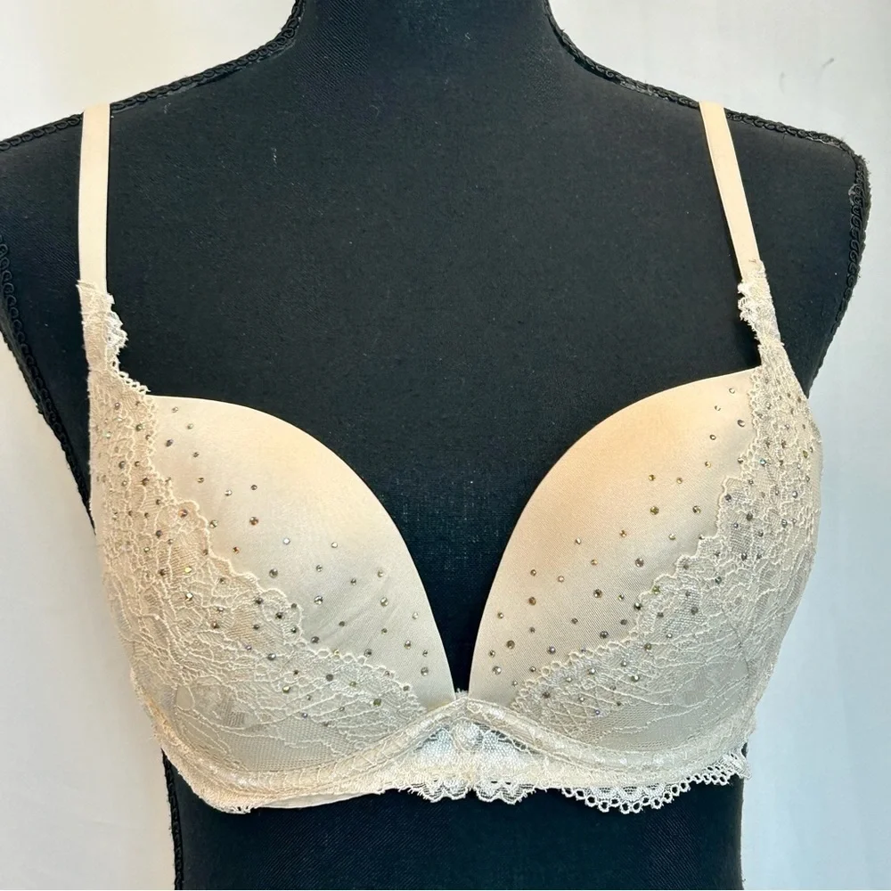 LA Senza Beyond sexy cream crystal rhinestone embellished bra Sz 32D